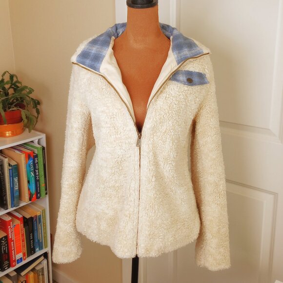 Pendleton Cream Sherpa Wool Fleece Zip Jacket Blue Plaid Lined Collar - Picture 1 of 6
